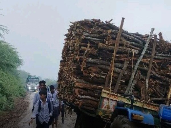 రోడ్డు మార్జిన్‌లో ఇరుక్కుపోయిన కట్టెల ట్రాక్టర్